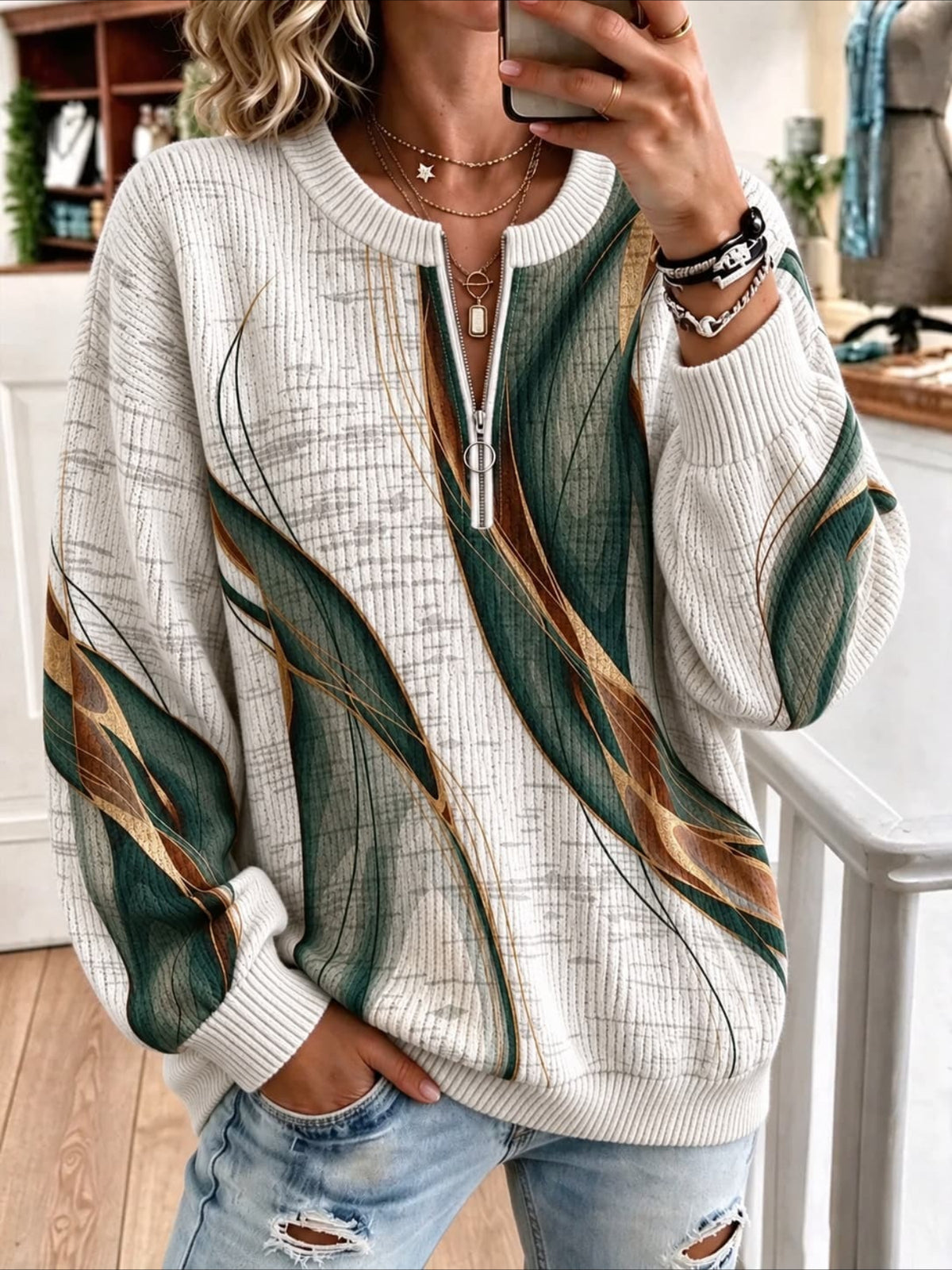 Printed Pattern Zipper Long Sleeve Pullover Sweater