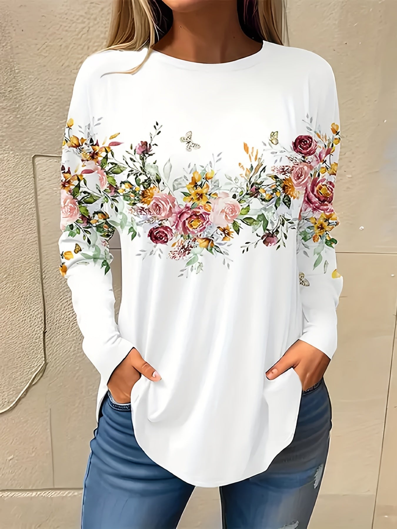 Floral Print Crew Neck T-Shirt, Casual Long Sleeve Top