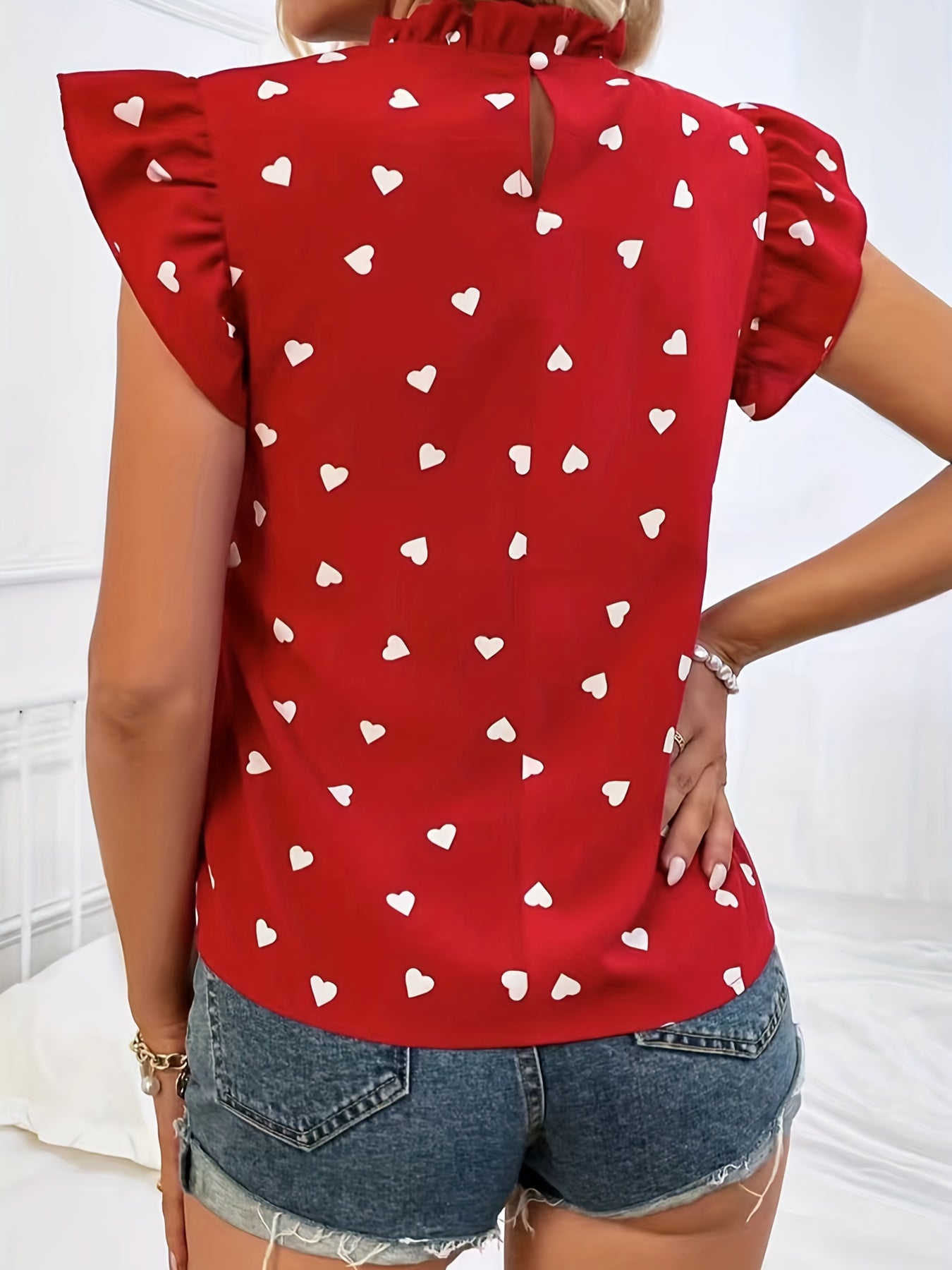 Heart Print Ruffle Trim Blouse, Casual Pleated Crew Neck Blouse