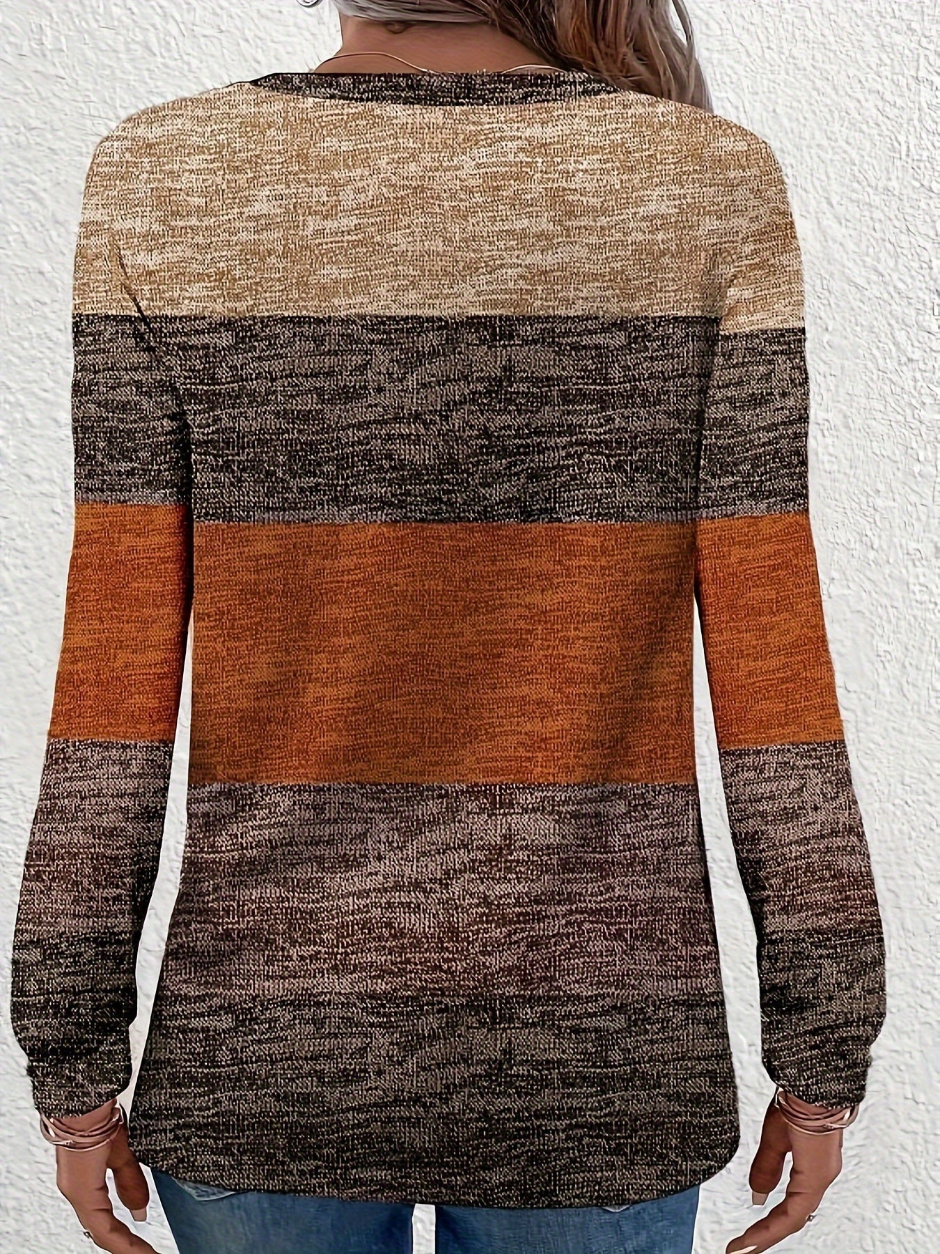 Colorblock Stripe Print Crew Neck T-Shirt, Casual Long Sleeve Top