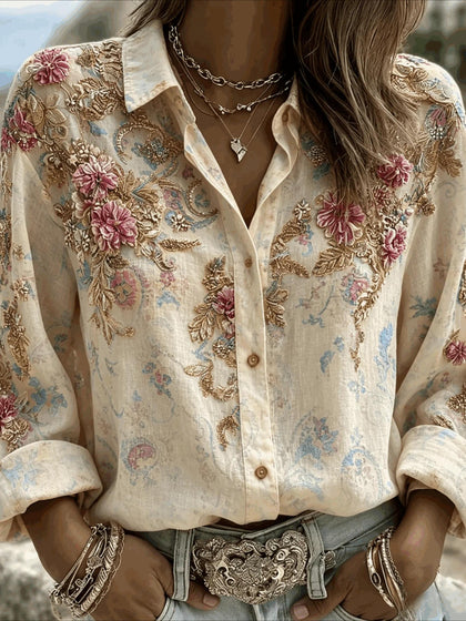 Flower Prints Shirt Collar Casual Long Sleeve Blouse