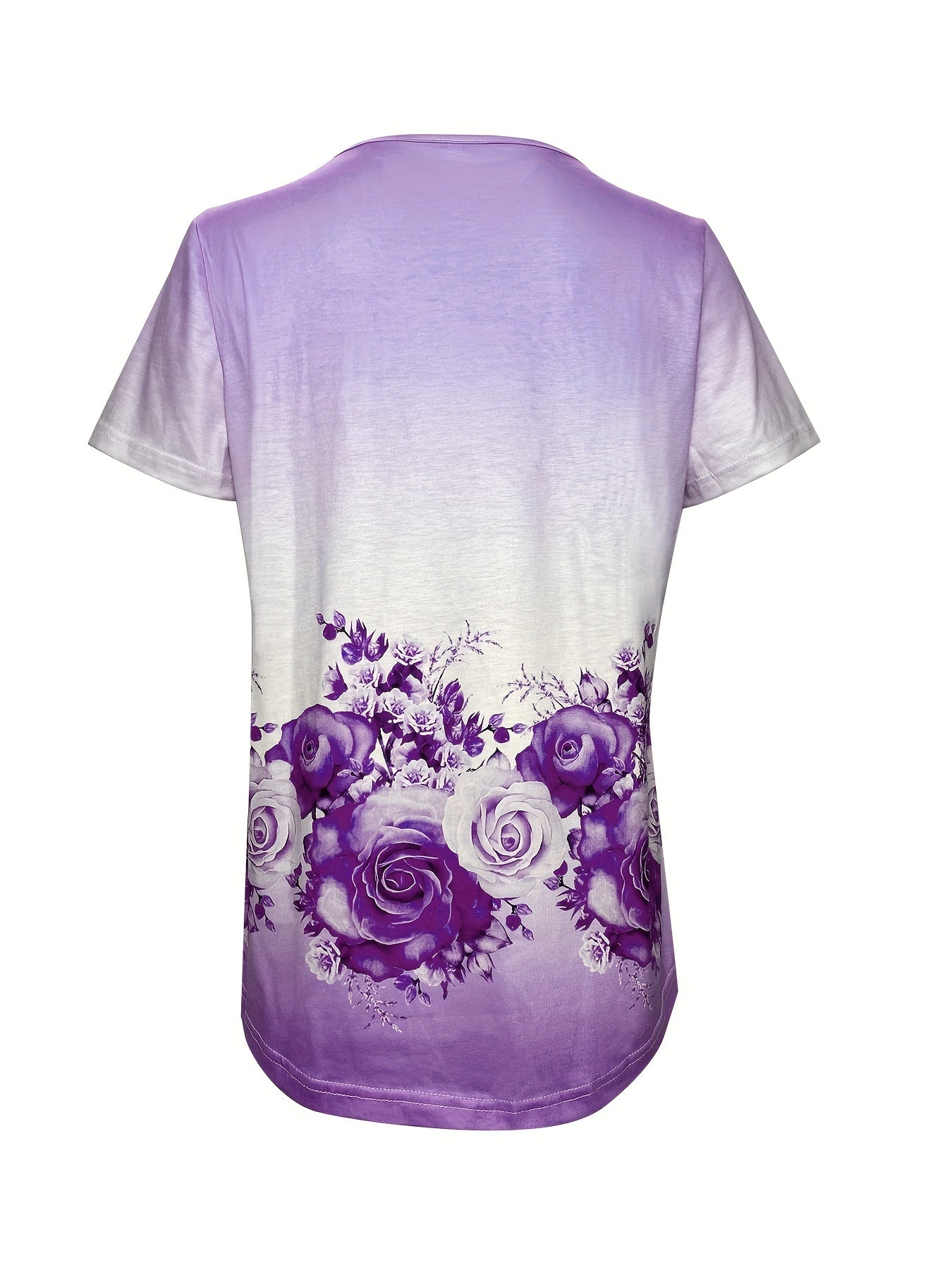 Floral Print T-Shirt, Casual Ombre Square Neck Short Sleeve T-Shirt