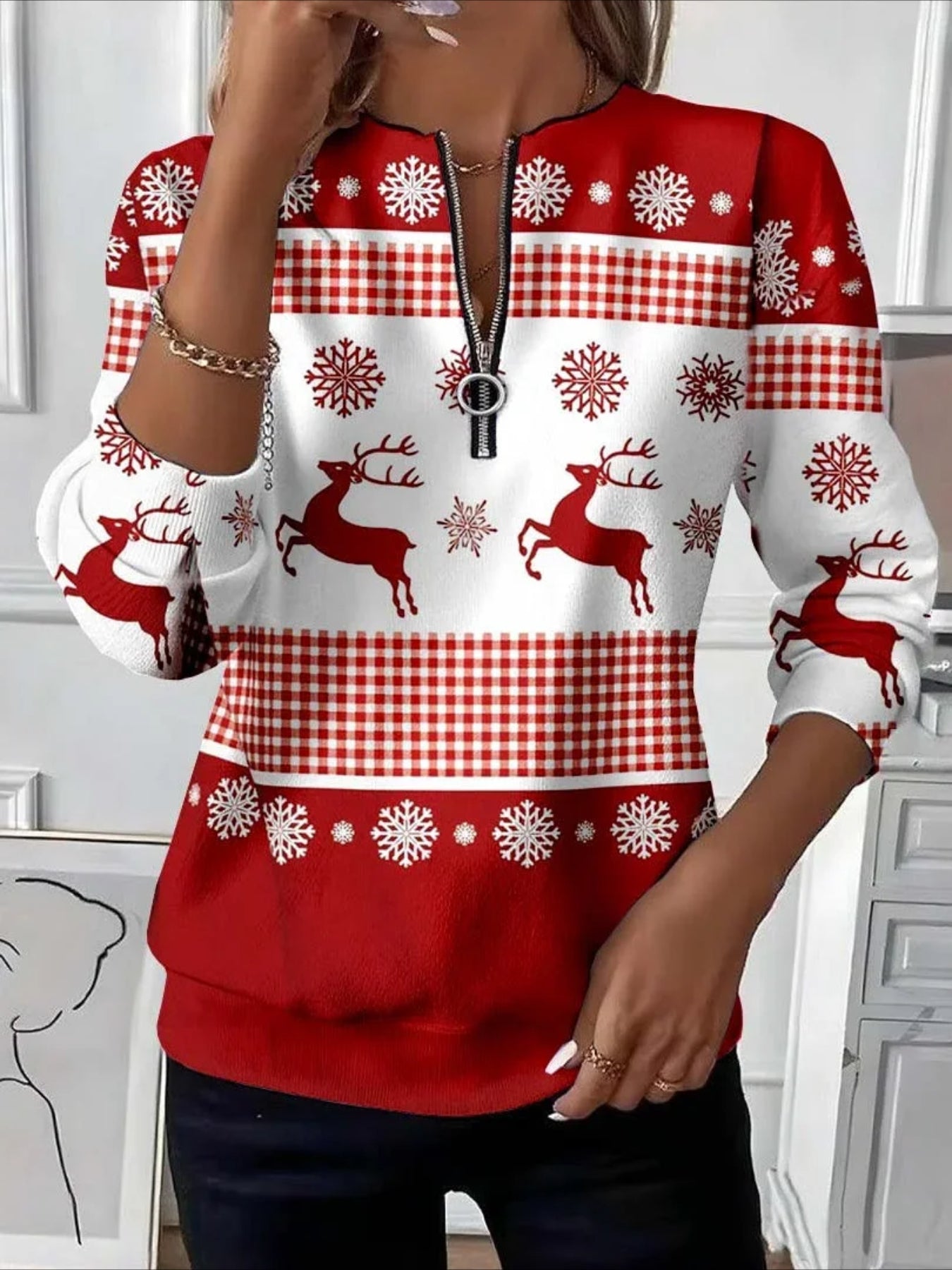 Christmas Long Sleeve Center Front Zip Sweatshirt