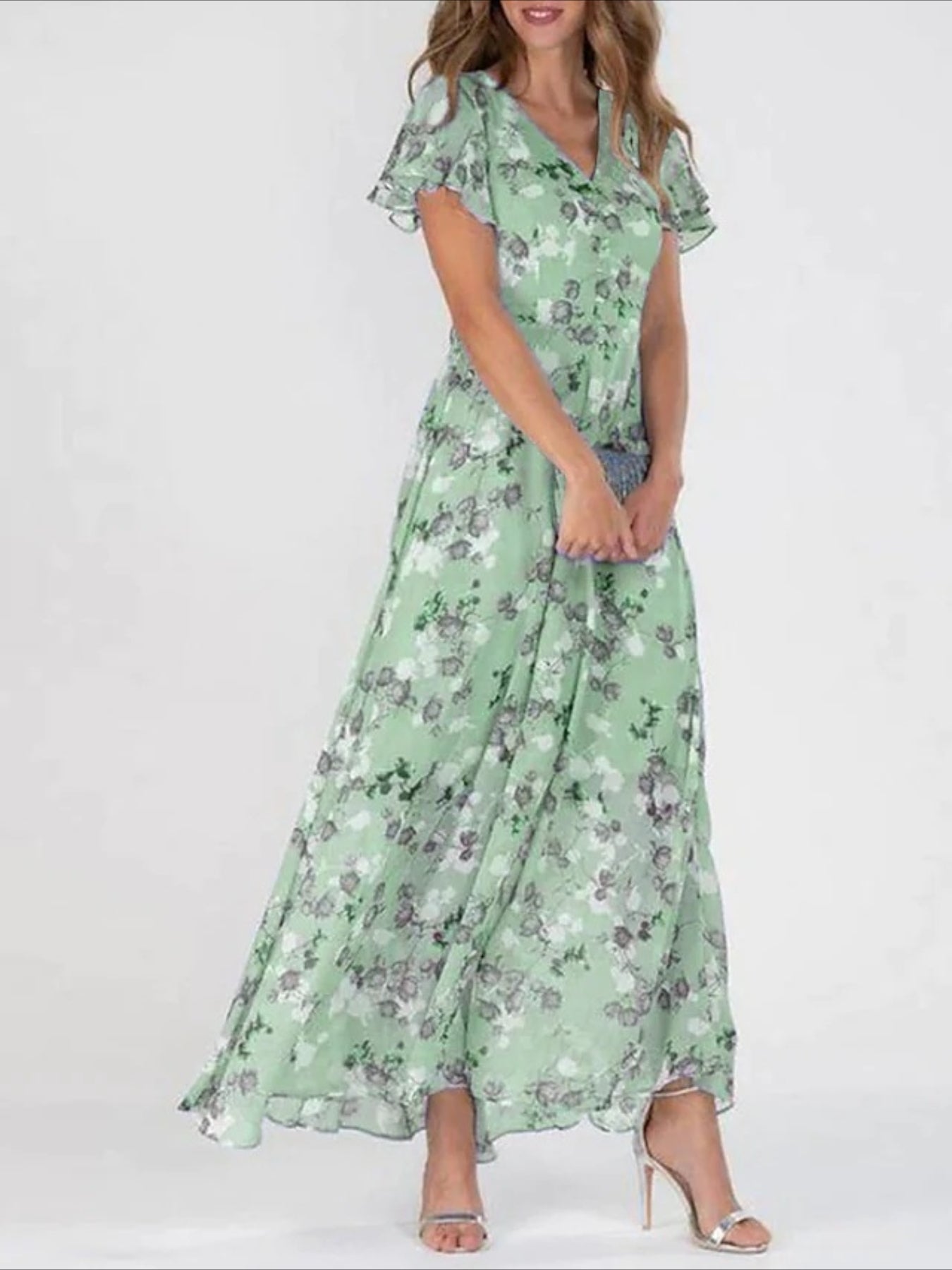 Elegant Floral Print V-Neck Maxi Dress