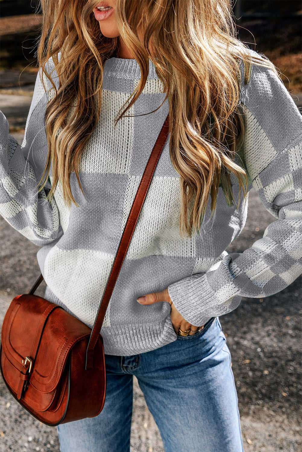 Medium Grey Checkered Print Drop Shoulder Sweater