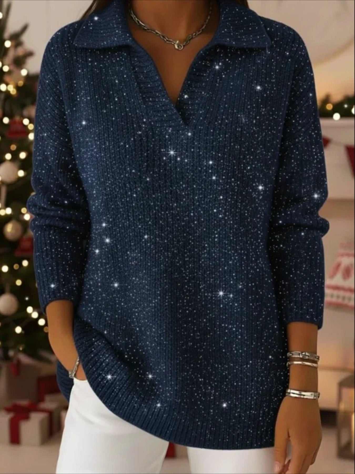 Gradient Color Party Polo Collar Shiny Loose Sweater Top