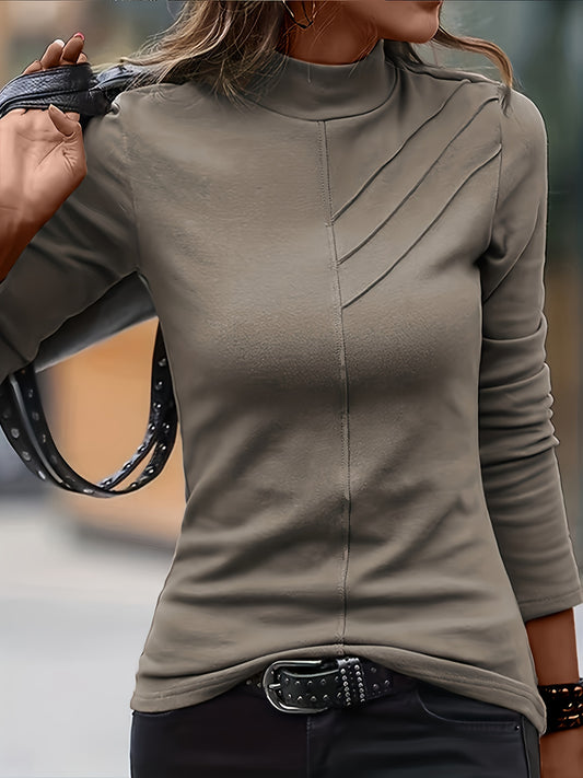 Solid Mock Neck T-Shirt, Casual Long Sleeve Top