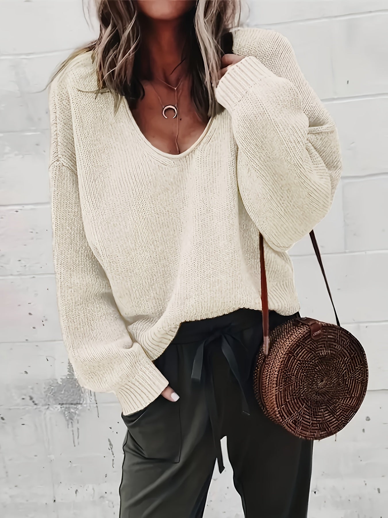 Solid Color V Neck Sweater, Casual Long Sleeve Sweater