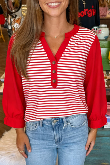 Red Stripe Half Placket V Neck Contrast 3/4 Sleeve Patchwork Top