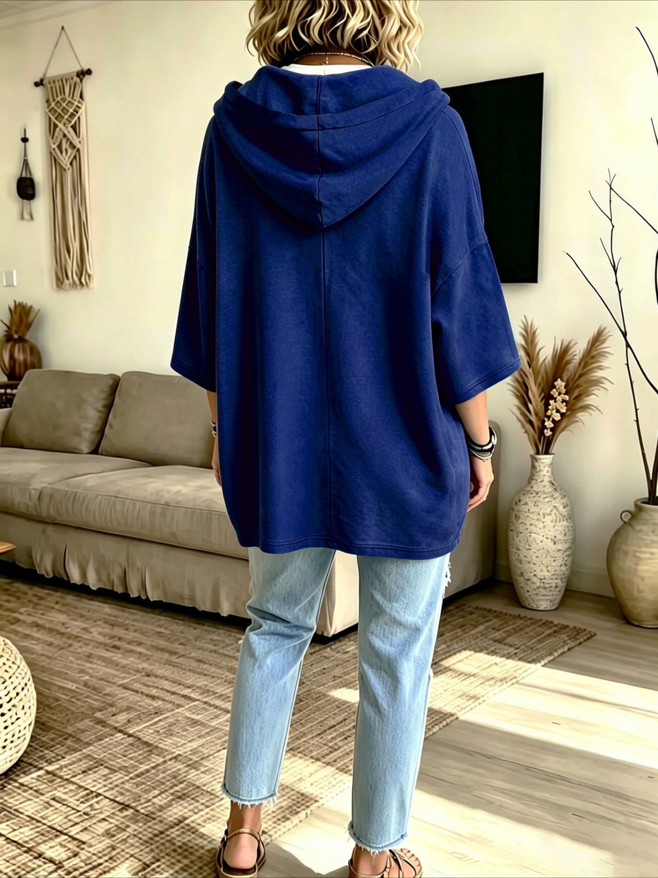 Seven-quarter Sleeves Solid Color Casual Hooded Sweatshirt