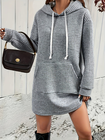 Stylish Textured Drawstring Dress - Comfy Hooded Long Sleeve with Kangaroo Pocket