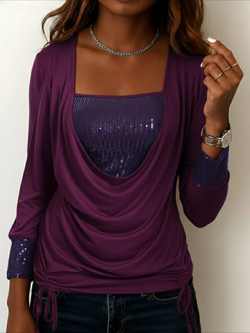 Fake Two-piece Vintage Plain U-Neck Long Sleeve T-shirt