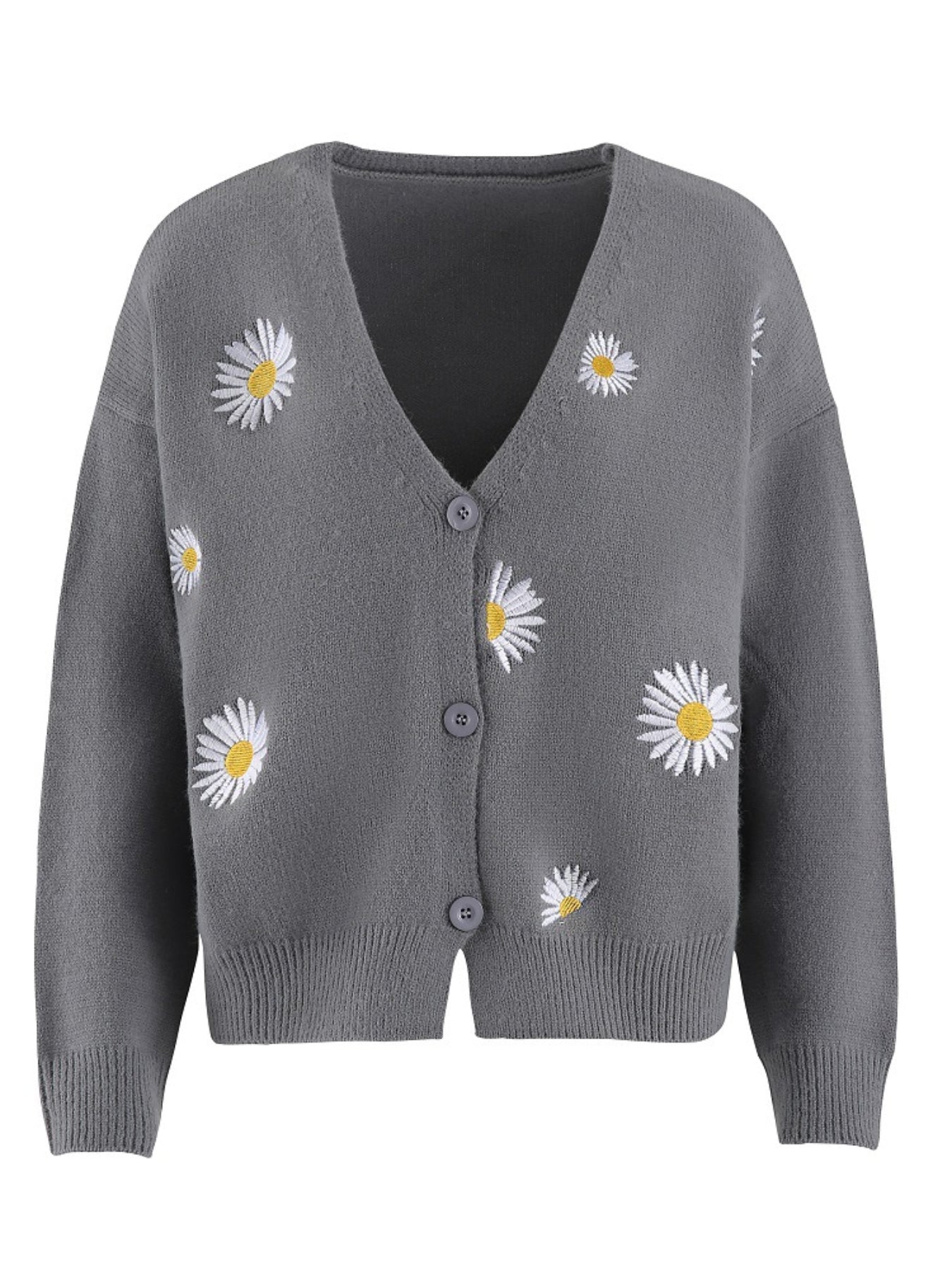 Daisy Pattern Embroidered Knitted Cardigan, Button Front Elegant Long Sleeve Sweater