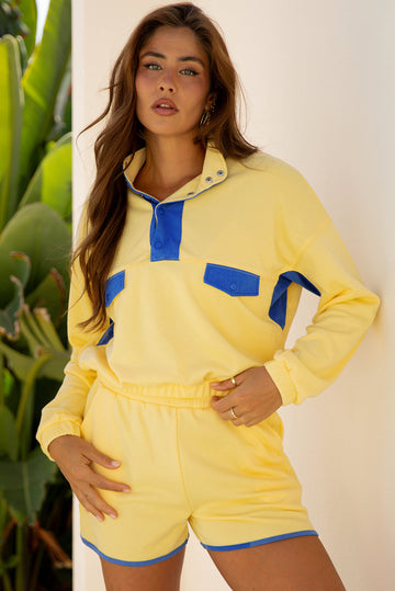 Yellow Color Block Patchwork Half Button Pullover and Shorts 2pcs Outfit