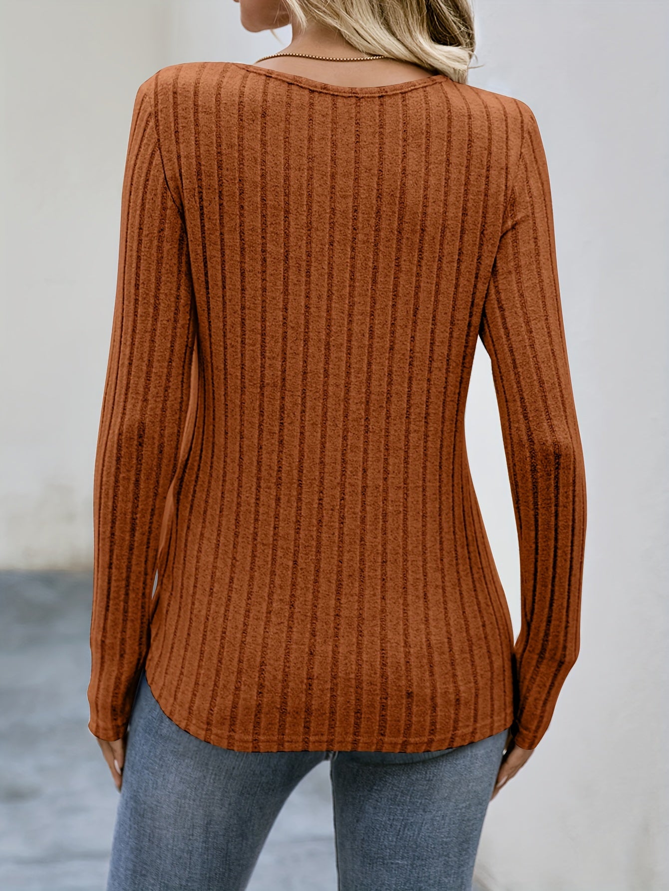 Ribbed Button Decor Crew Neck T-Shirt, Casual Long Sleeve Top