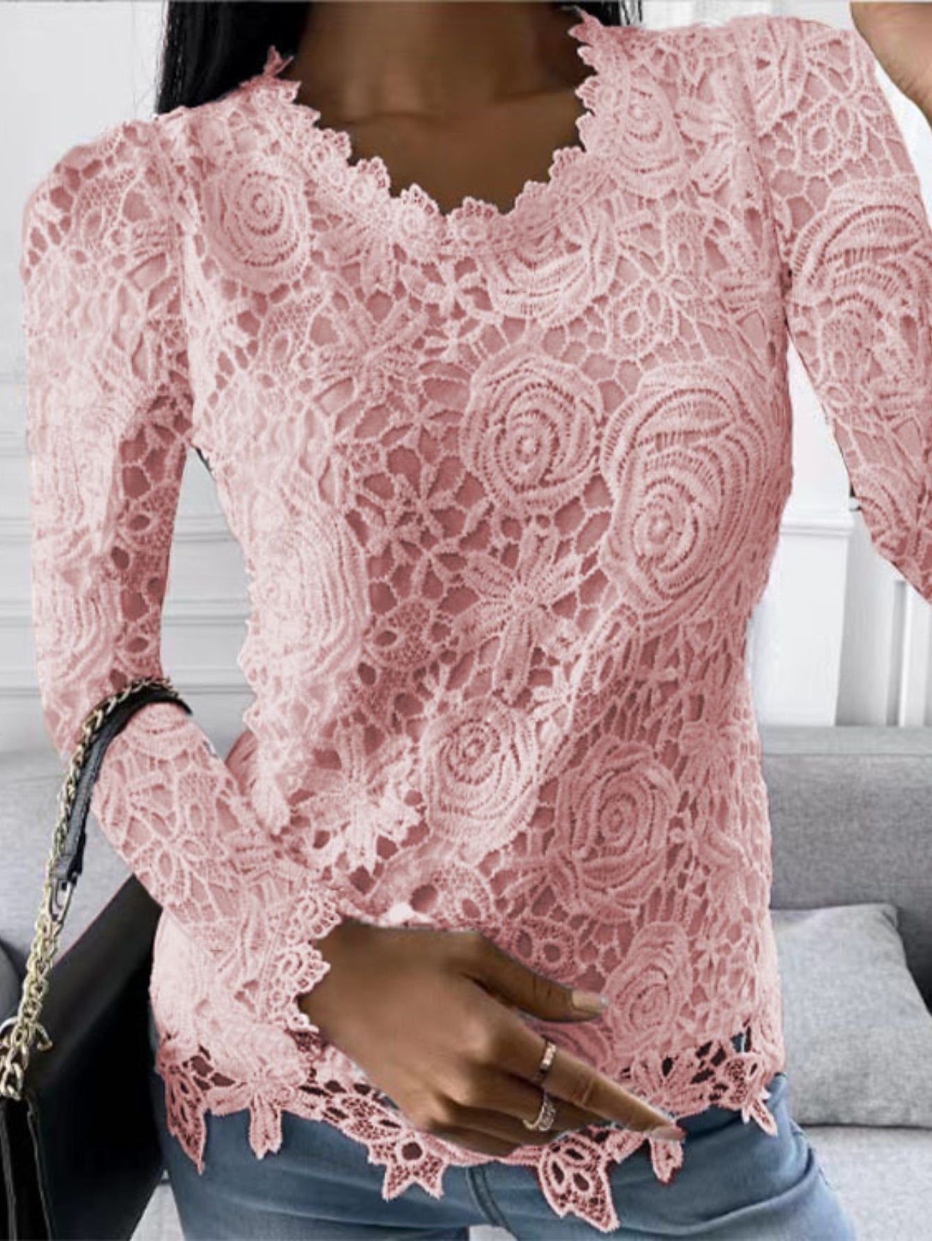 Floral Lace Stitching Crew Neck T-Shirt, Casual Long Sleeve