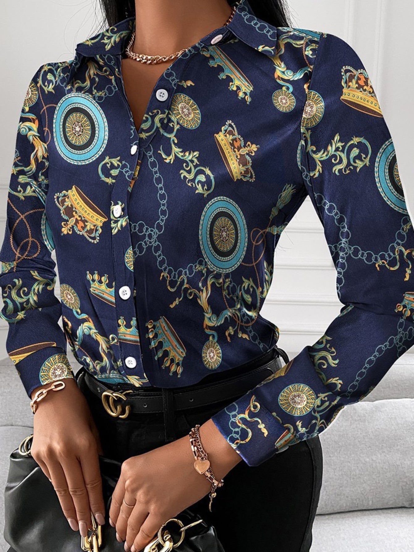 Women's Blouse V-neck Print Button Long Sleeve Loose Fall Blouse