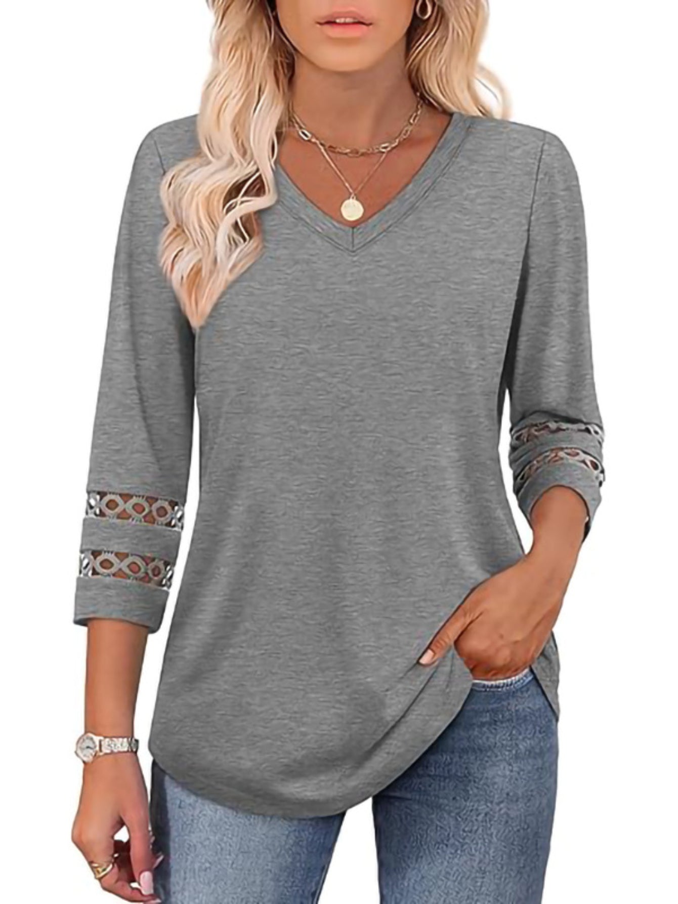3/4 Length Sleeve Crewneck Lace Tunic Tops