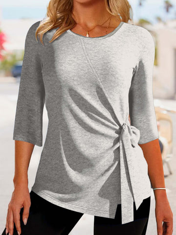 Solid Ruched Tie Front Top, Casual Three-quarter Sleeve Top