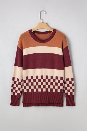 Brown Checkered Color Block Knitted Drop Shoulder Sweater