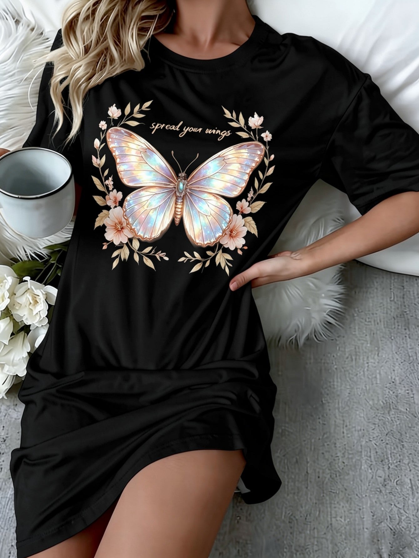 Trendy Glowing Butterfly Fantasy Art Short Sleeve Crew Neck Graphic Shirt Dress