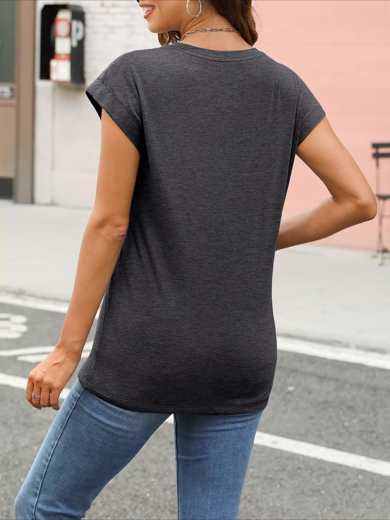Solid Color Round Neck Cap Sleeve T Shirts