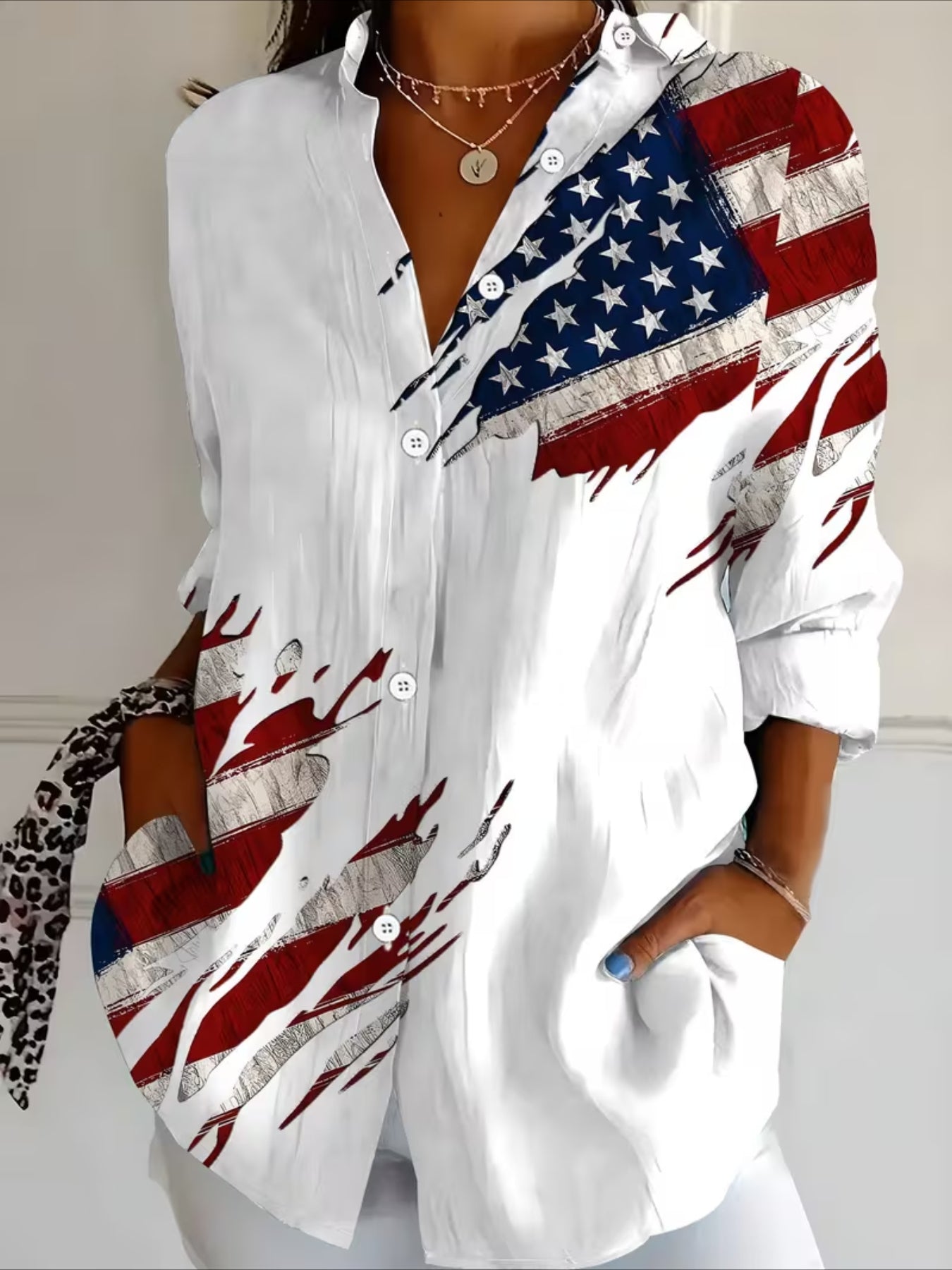 Casual National Flag Floral Print Blouse with Lapel Collar