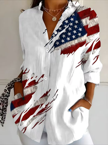 Casual National Flag Floral Print Blouse with Lapel Collar