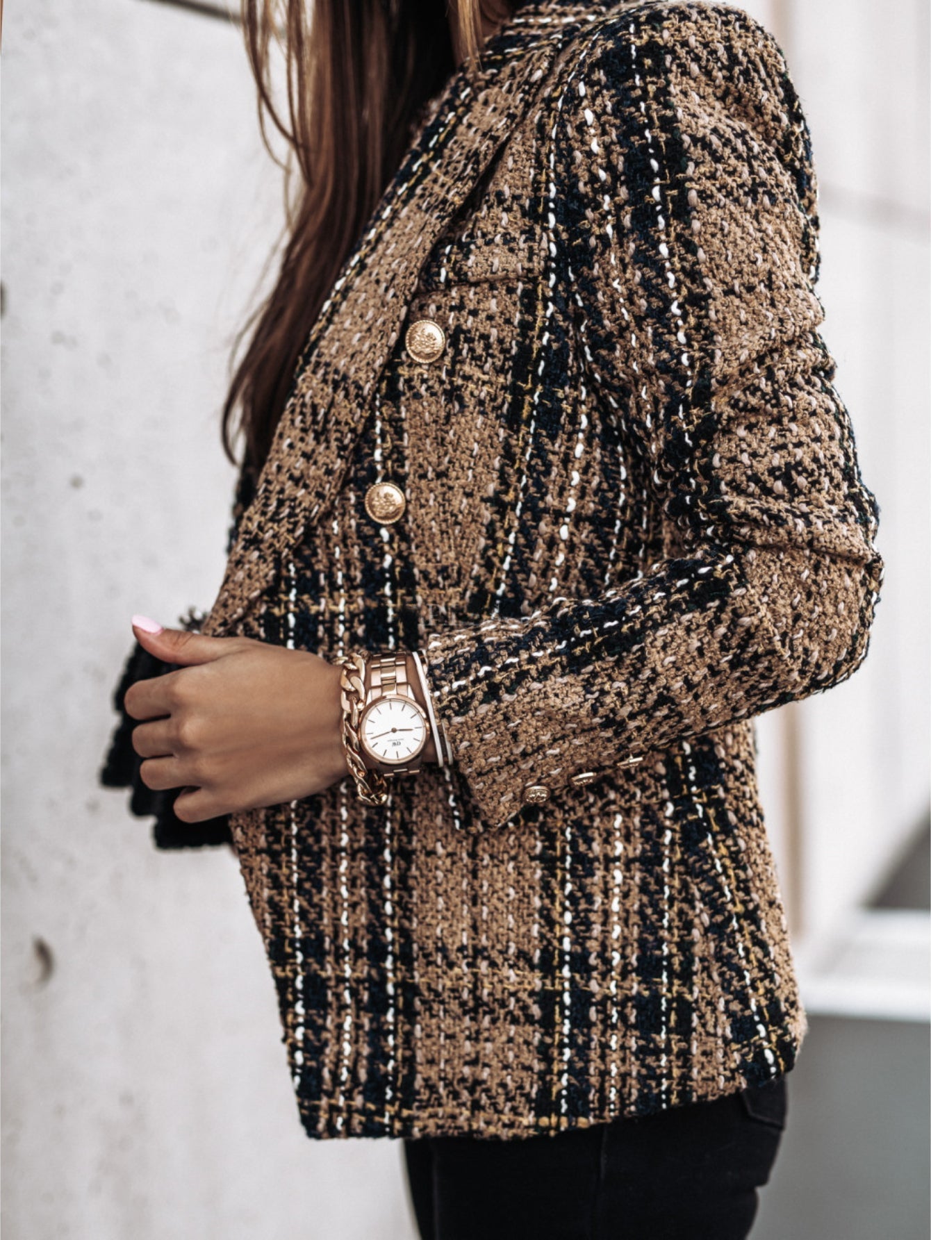 Double-breasted Notched Lapel Blazer, Elegant Plaid Tweed Long Sleeve Blazer For Office & Work