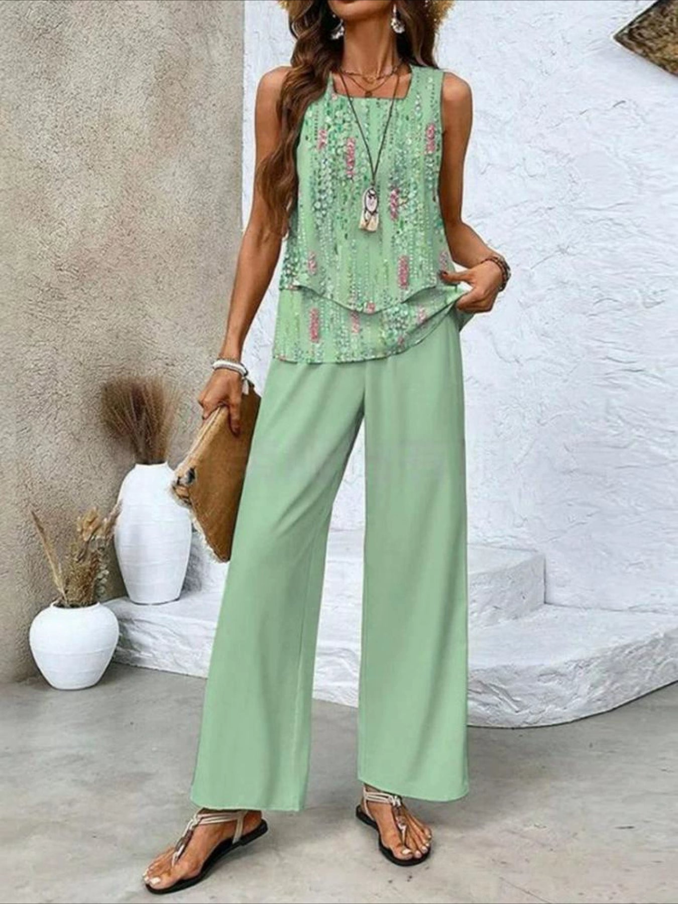 Crew Neck Sleeveless Layered Tank Top & Wide Leg Pants