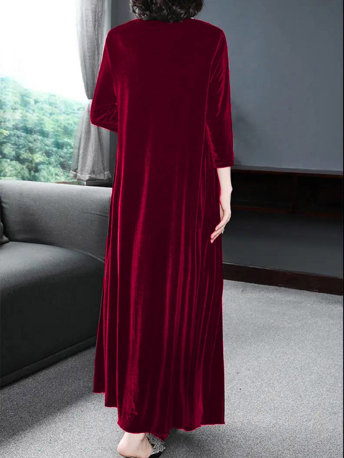 Long Sleeve Vintage Solid Crew Neck Maxi Dress