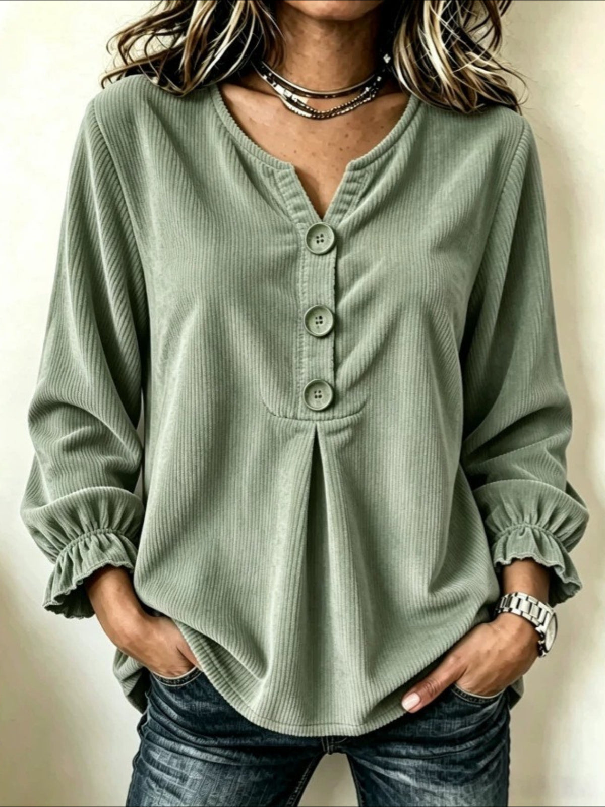 V Neck Corduroy Button-up Ruffle Long Sleeve Shirt