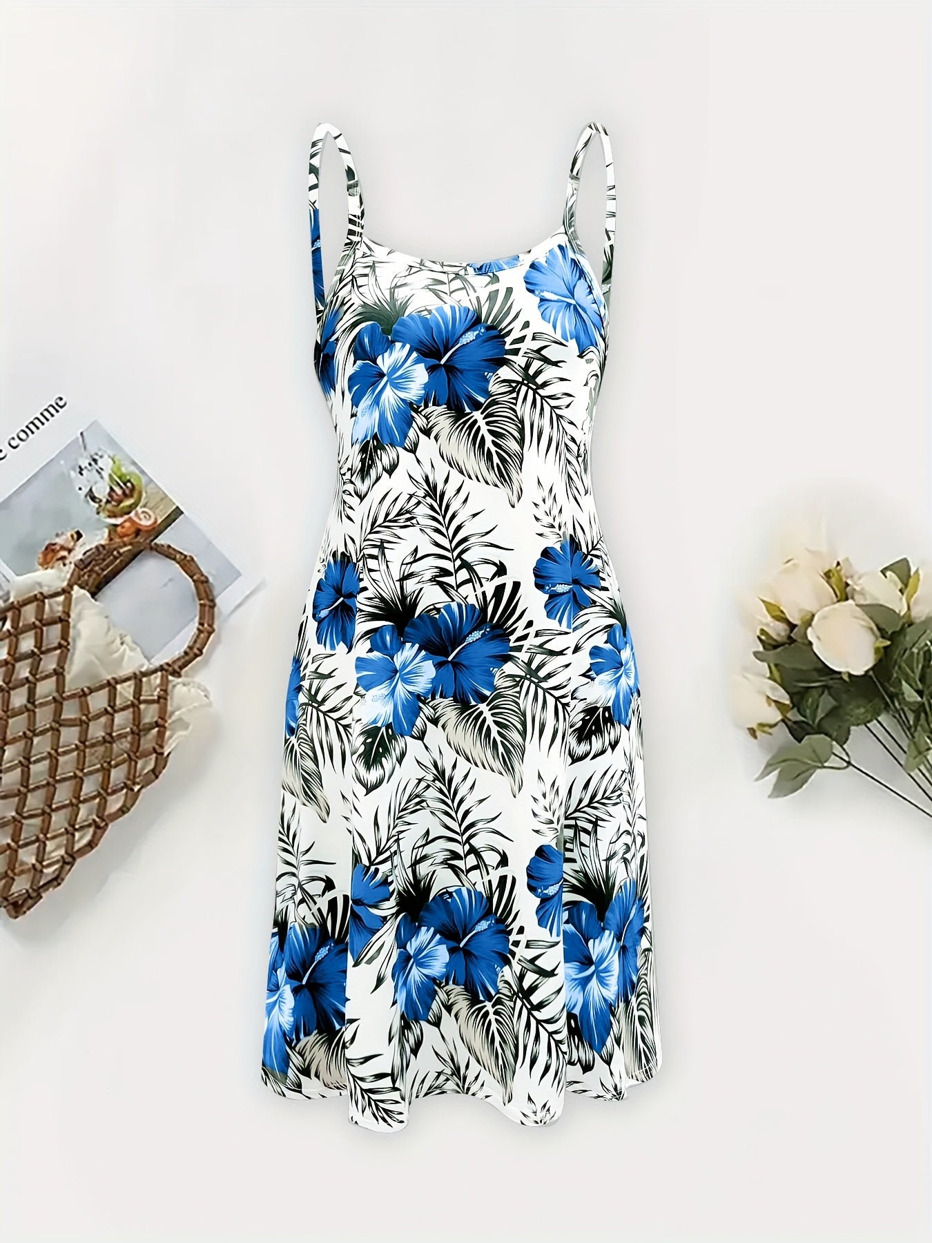 Tropical Leaf Print Sleeveless Dress