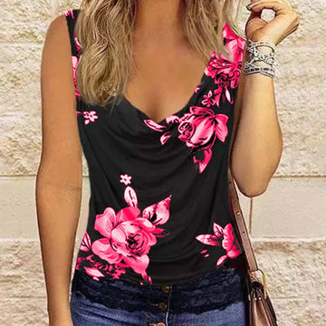 Floral Printing Sleeveless Lace Patchwork Loose Neck Tank Tops