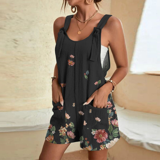 Bohemian Floral Printed Short O Neck Sleeveless Elegant Shorts Loose Rompers with Pockets
