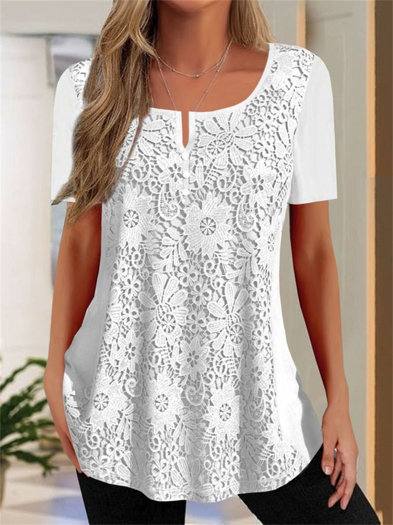 Elegant Flowers Print Solid Color Button Splicing O Neck Pullover T-Shirt