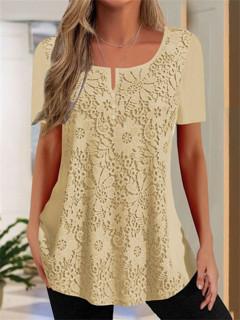 Elegant Flowers Print Solid Color Button Splicing O Neck Pullover T-Shirt