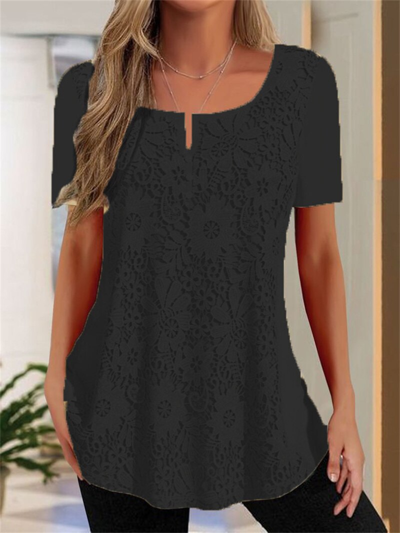 Elegant Flowers Print Solid Color Button Splicing O Neck Pullover T-Shirt