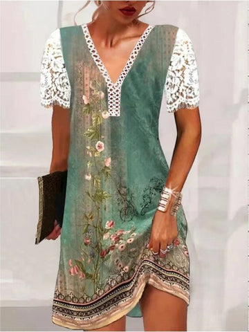 Elegant Lace Patchwork Short Sleeve Retro Vintage Floral Print Midi Dresse