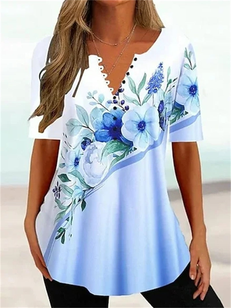 Elegant Plant Flowers Print Loose Button Splicing V Neck Pullover Short Sleeve T-Shirt