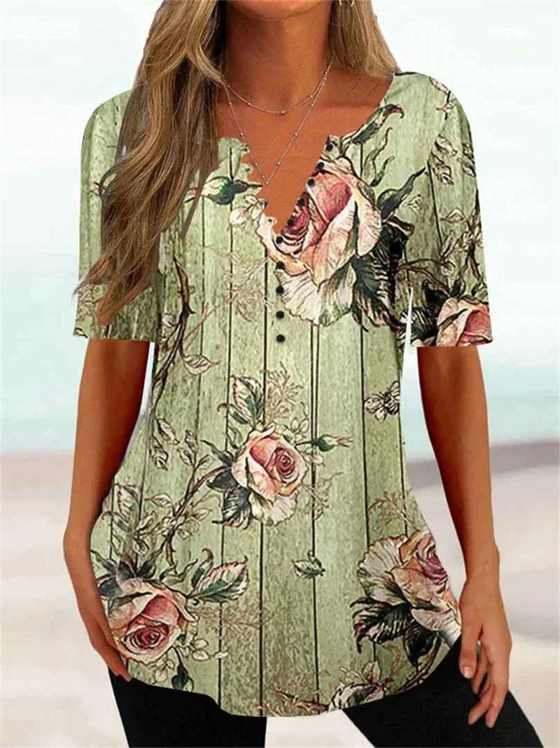 Elegant Plant Flowers Print Loose Button Splicing V Neck Pullover Short Sleeve T-Shirt