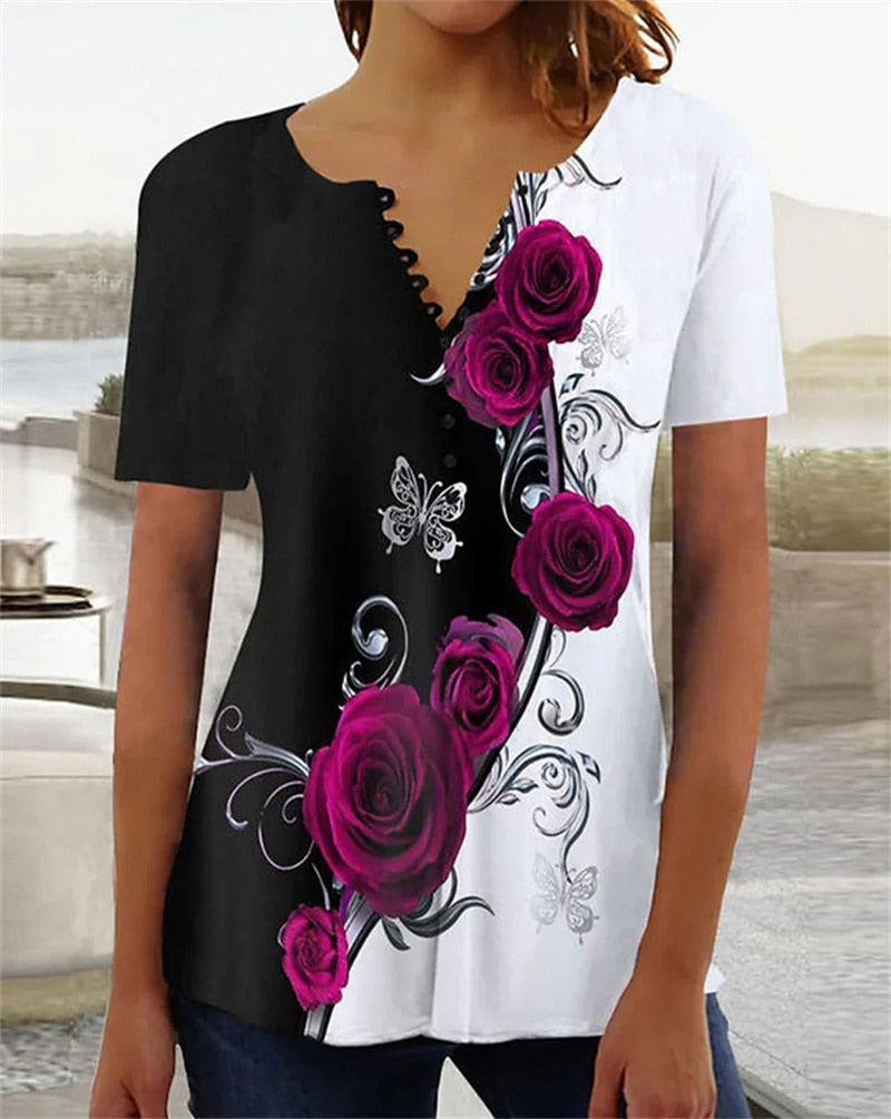 Elegant Plant Flowers Print Loose Button Splicing V Neck Pullover Short Sleeve T-Shirt