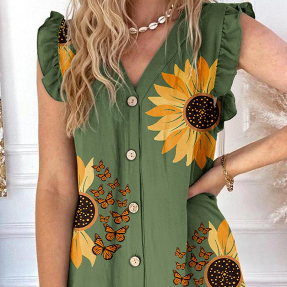 Elegant V Neck Lace Up Printed Short Sleeve Ruffle Design Flower Mini Dress