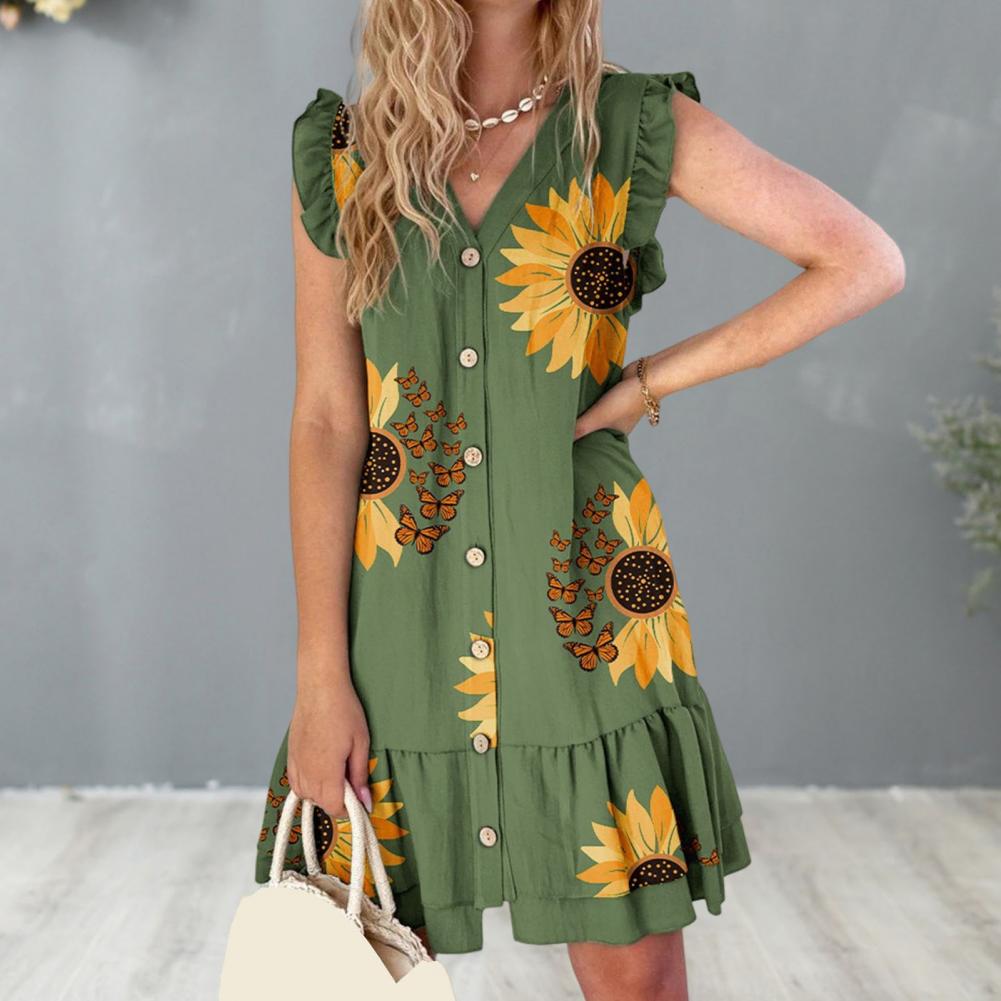 Elegant V Neck Lace Up Printed Short Sleeve Ruffle Design Flower Mini Dress