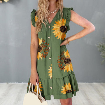 Elegant V Neck Lace Up Printed Short Sleeve Ruffle Design Flower Mini Dress