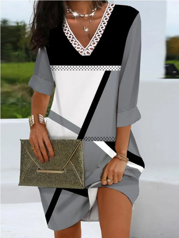Color block Contrast Lace Long Sleeve Casual V-Neck  Midi Dress