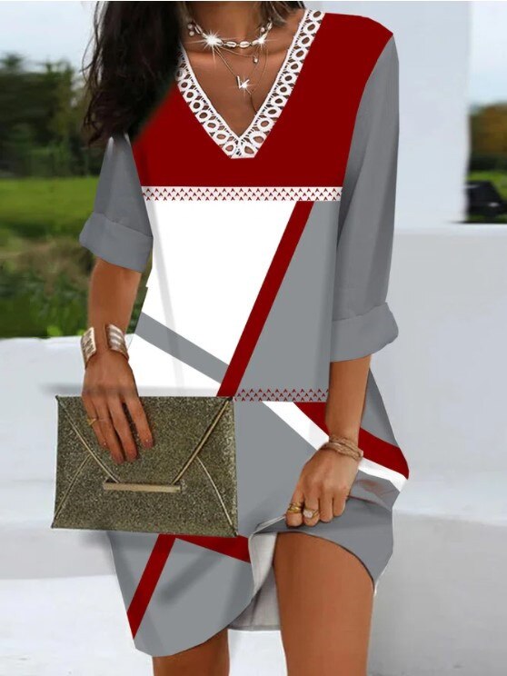 Color block Contrast Lace Long Sleeve Casual V-Neck  Midi Dress