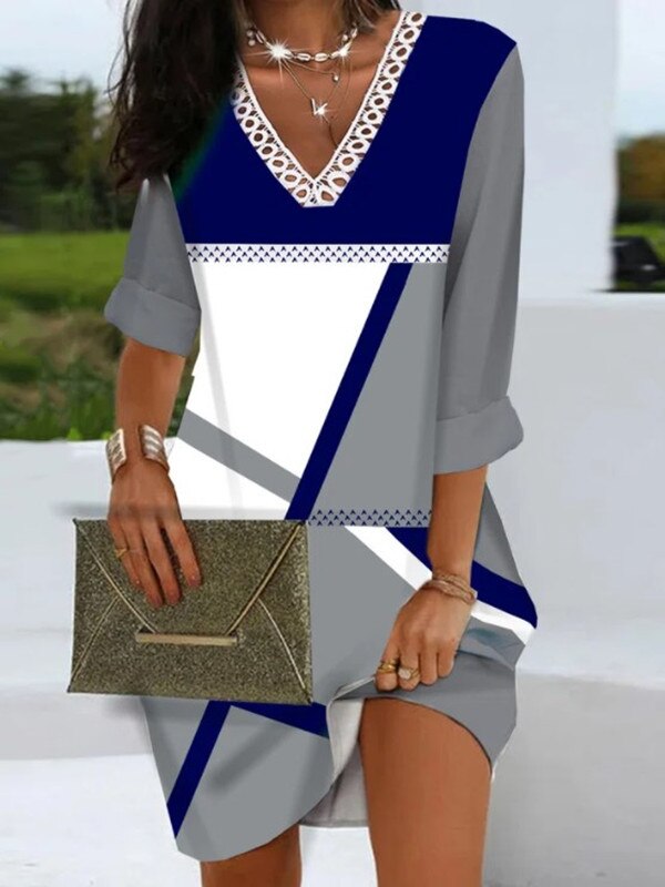 Color block Contrast Lace Long Sleeve Casual V-Neck  Midi Dress
