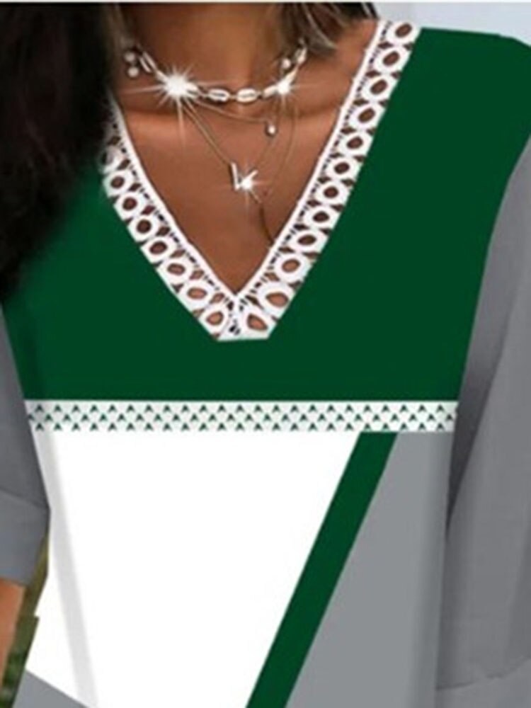 Color block Contrast Lace Long Sleeve Casual V-Neck  Midi Dress