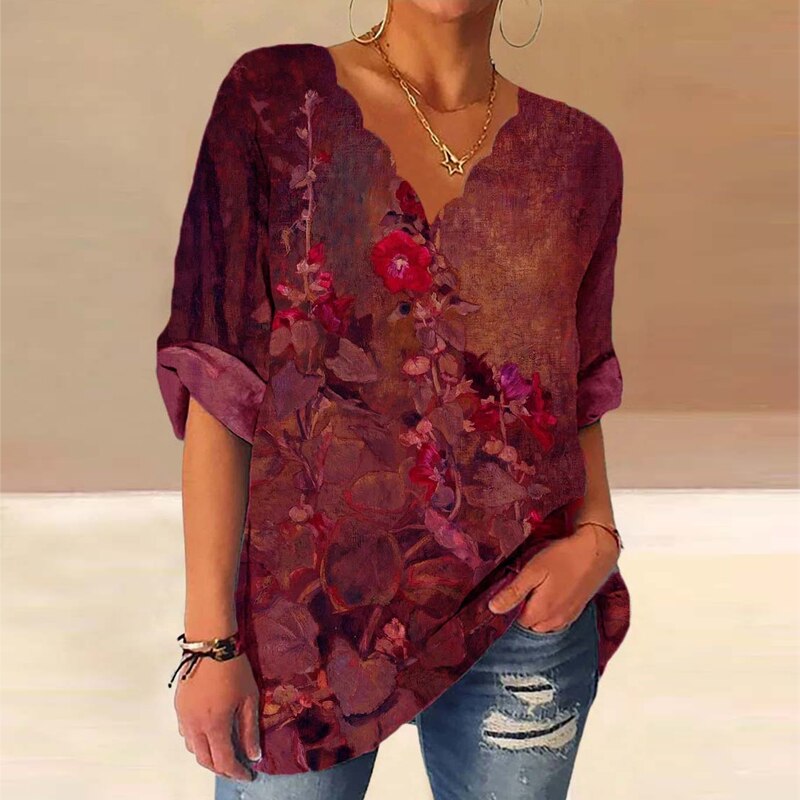 Long Sleeve Women Blusas Vintage V-neck Cotton Linen Shirt